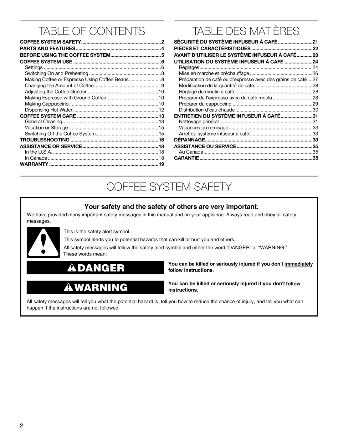 Jenn-Air JBC7624BS Table Of Contents, Table Des Matières, Coffee System Safety, Danger, Parts And Features, Dépannage 