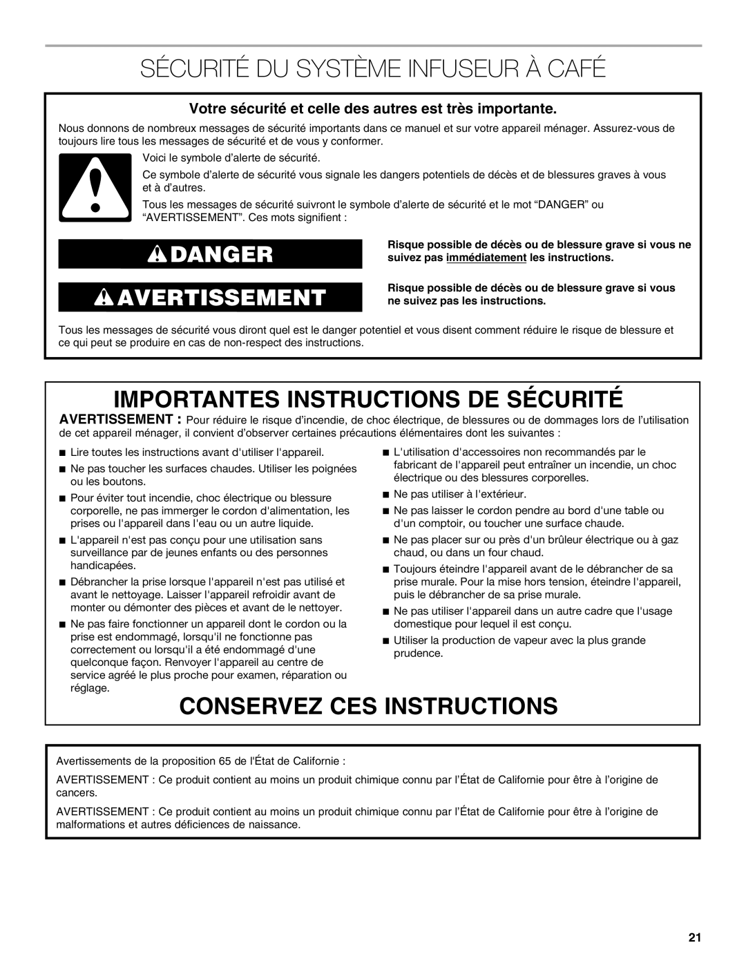 Jenn-Air JBC7624BS manual Sécurité Du Système Infuseur À Café, Danger Avertissement, Importantes Instructions De Sécurité 