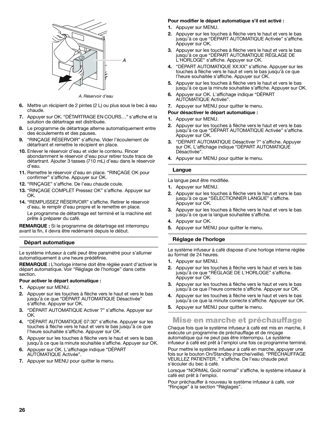 Jenn-Air JBC7624BS manual Mise en marche et préchauffage, Départ automatique, Langue, Réglage de l’horloge 