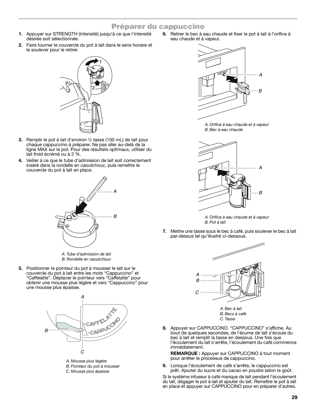 Jenn-Air JBC7624BS manual Préparer du cappuccino, A B C 