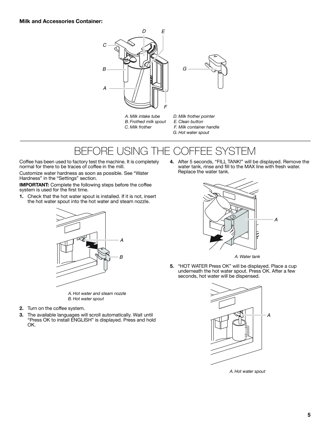 Jenn-Air JBC7624BS manual Before Using The Coffee System, Milk and Accessories Container, D E C B A F 