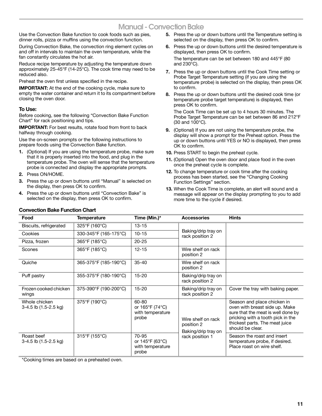 Jenn-Air JBS7524BS Manual Convection Bake, Convection Bake Function Chart, Food Temperature Time Min Accessories Hints 