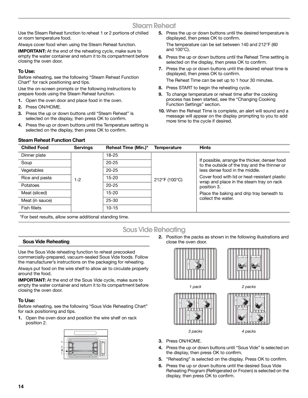 Jenn-Air JBS7524BS manual Sous Vide Reheating, Steam Reheat Function Chart 