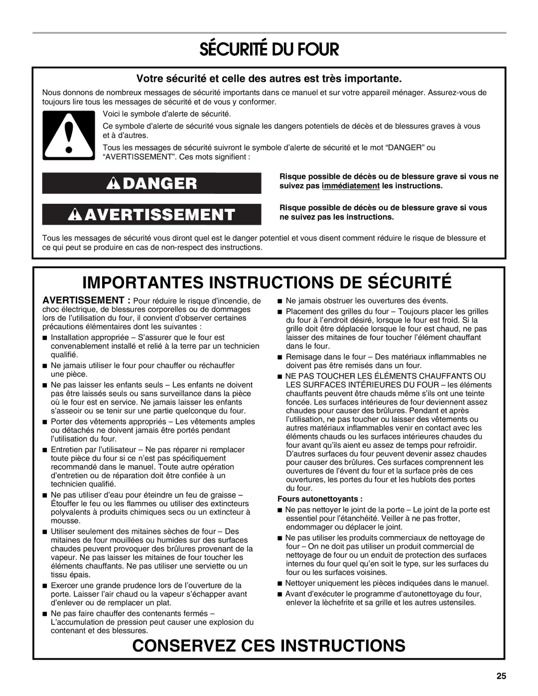 Jenn-Air JBS7524BS manual Sécurité DU Four, Votre sécurité et celle des autres est très importante 