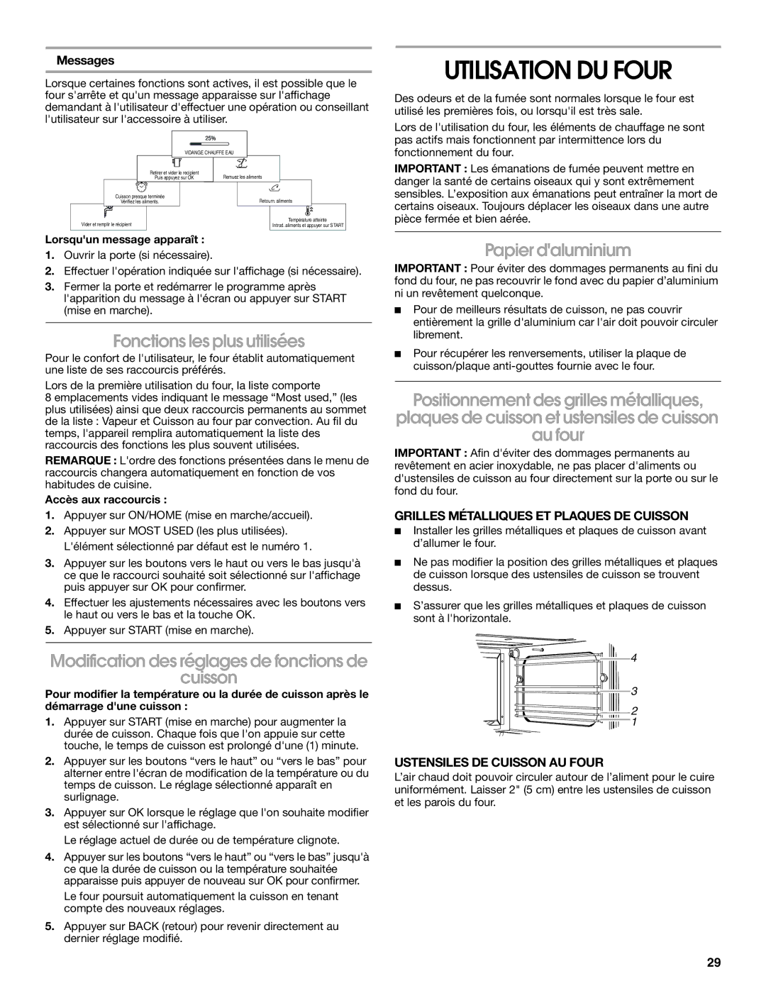 Jenn-Air JBS7524BS Utilisation DU Four, Fonctions les plus utilisées, Modification des réglages de fonctions de Cuisson 