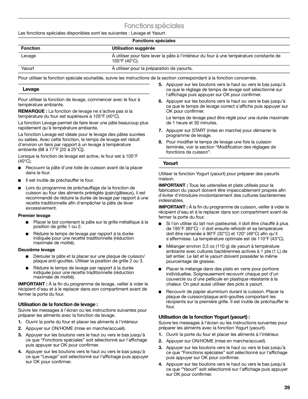 Jenn-Air JBS7524BS manual Fonctions spéciales, Levage, Utilisation de la fonction de levage, Yaourt 