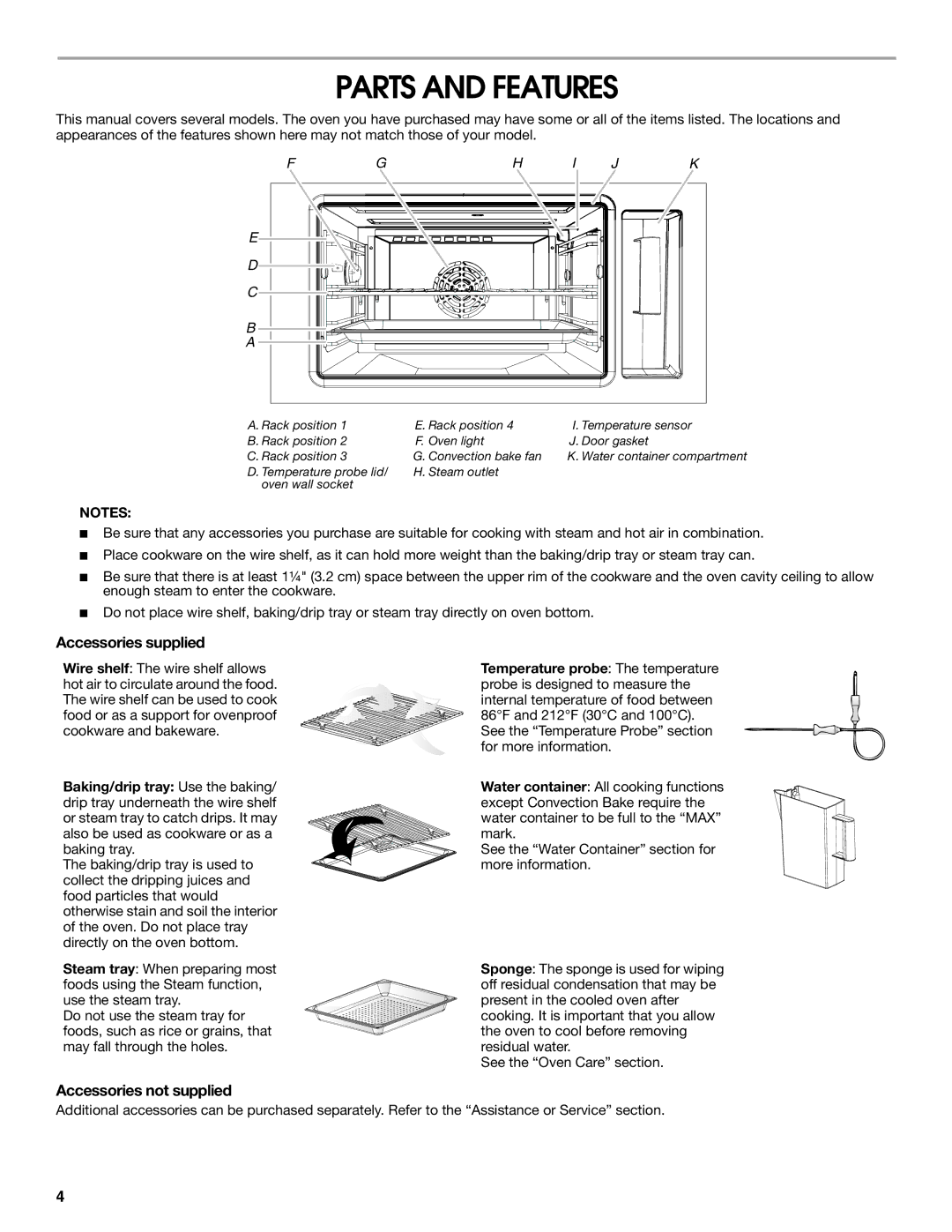 Jenn-Air JBS7524BS manual Parts and Features, Accessories supplied, Accessories not supplied 