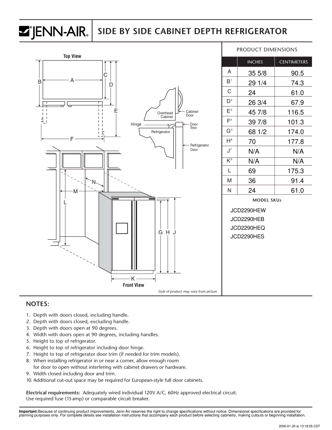 Jenn-Air dimensions Side by Side Cabinet Depth Refrigerator, JCD2290HEW JCD2290HEB, JCD2290HEQ JCD2290HES 