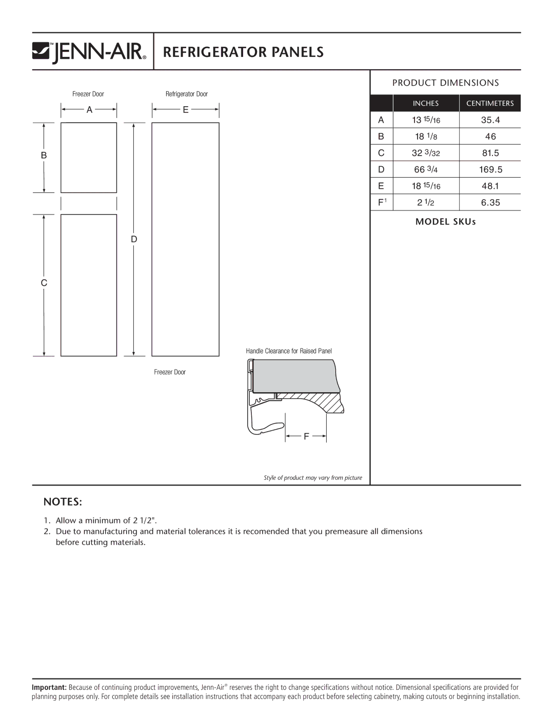 Jenn-Air JCD2292KTW, JCD2292KTB dimensions Refrigerator Panels, Model SKUs 