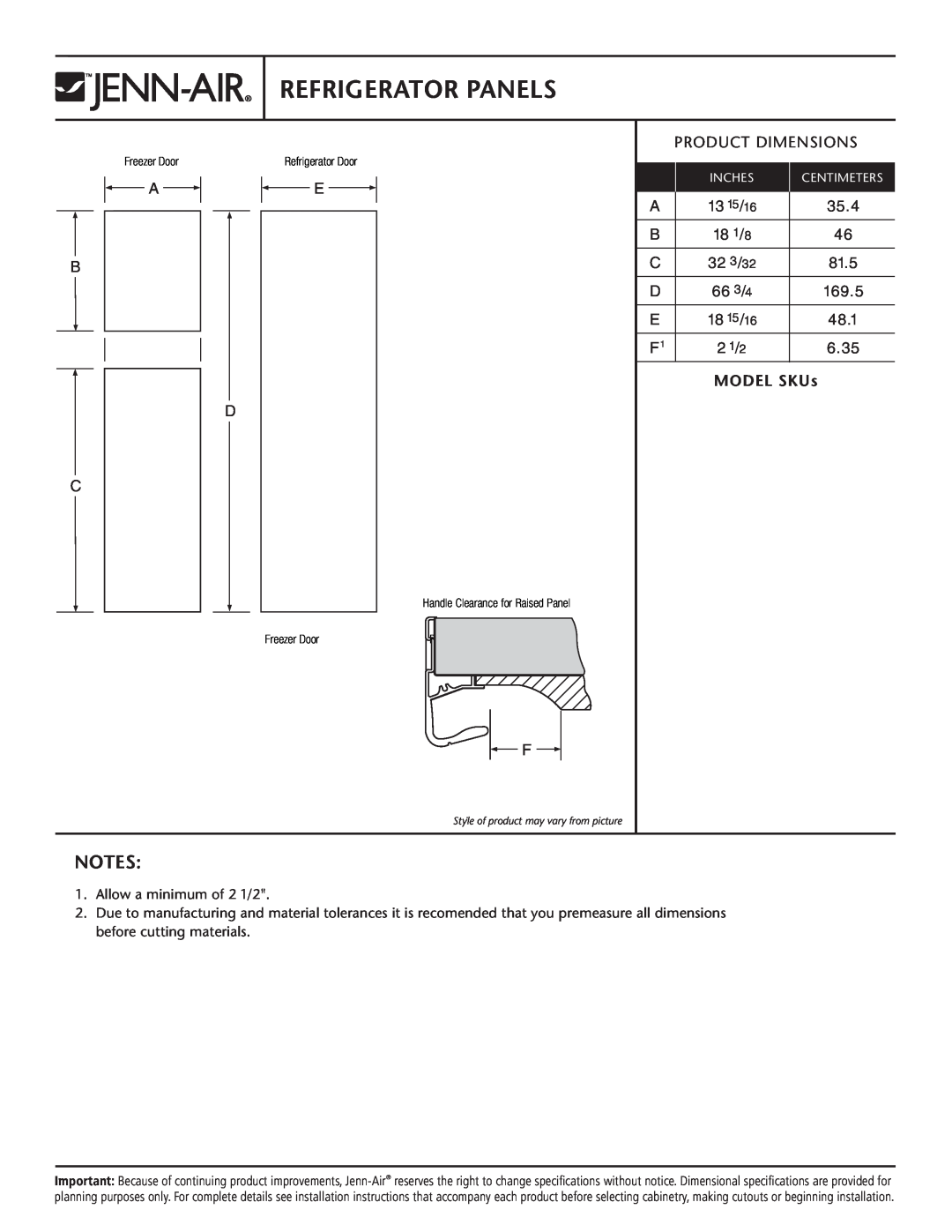Jenn-Air JCD2292KTW, JCD2292KTB dimensions Refrigerator Panels, MODEL SKUs 