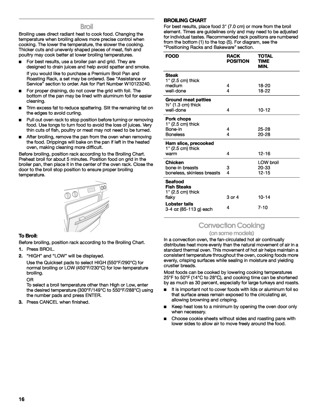 Jenn-Air JD59860 manual Convection Cooking, on some models, To Broil, Broiling Chart, Food, Rack, Total, Position, Time 