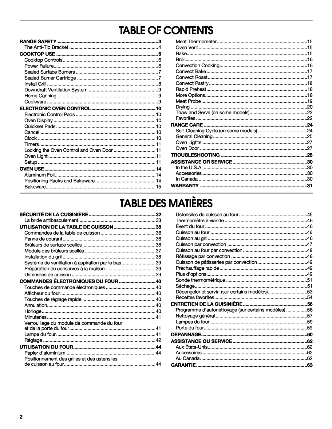 Jenn-Air JD59860 manual Table Of Contents, Table Des Matières, Range Safety, Cooktop Use, Electronic Oven Control, Oven Use 