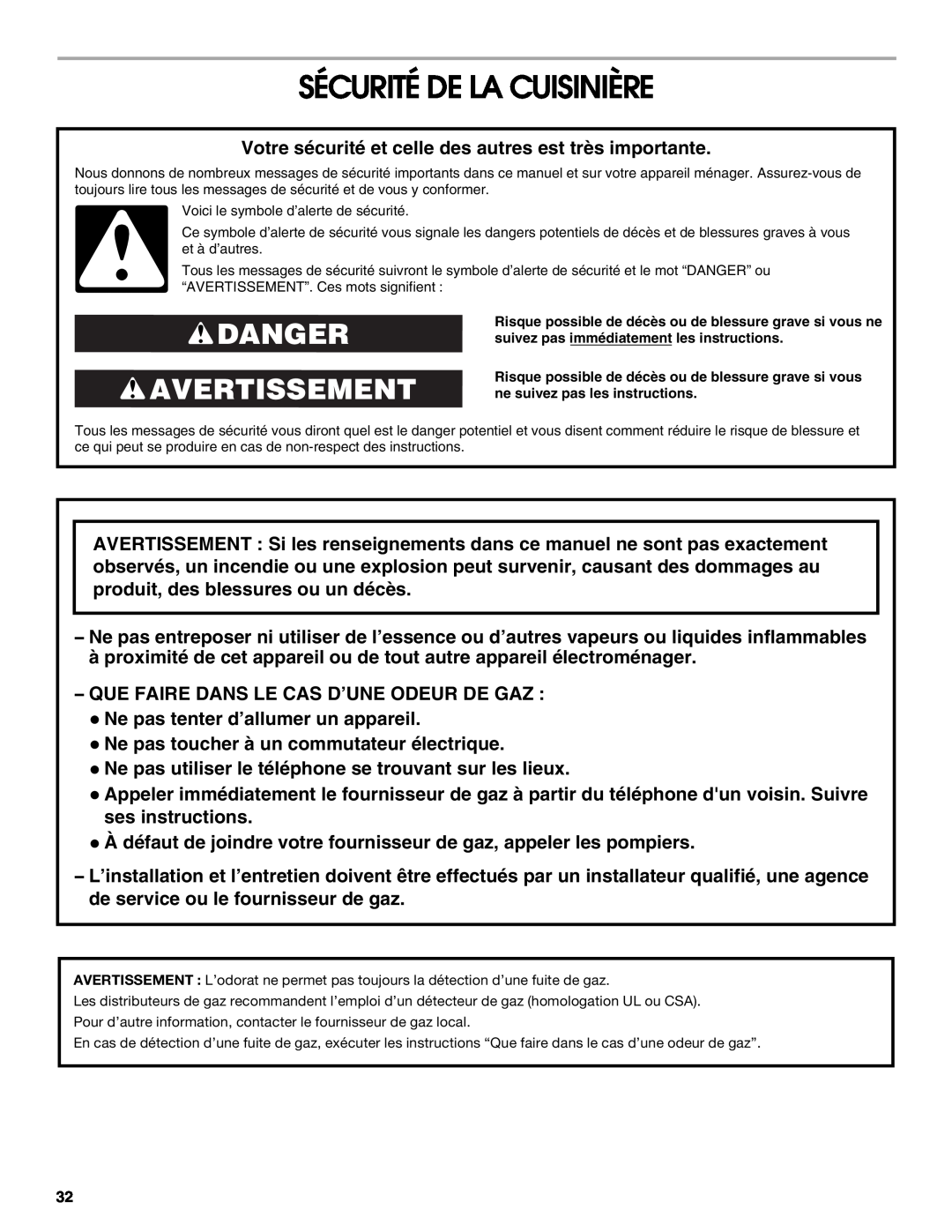 Jenn-Air JD59860 manual Sécurité De La Cuisinière, Danger Avertissement 