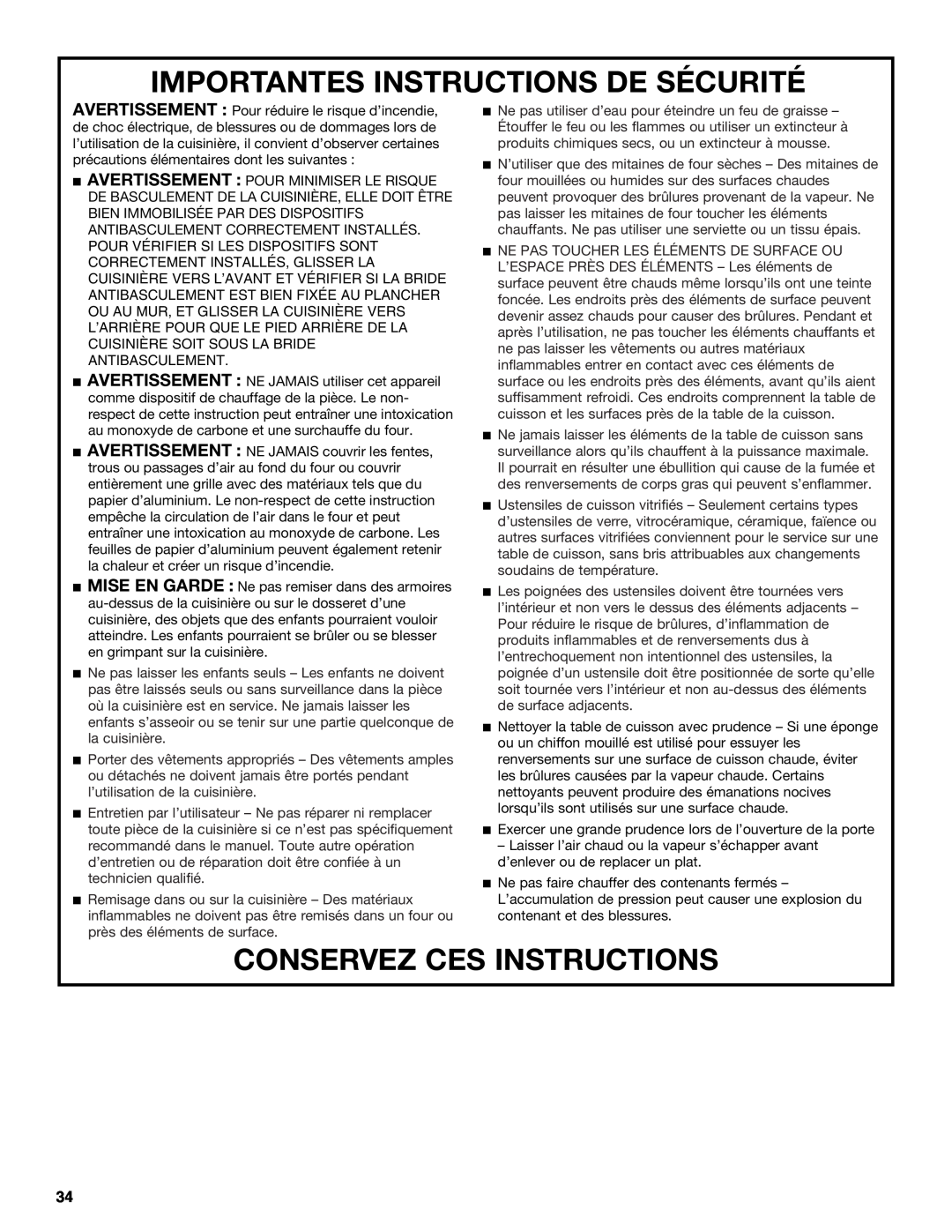 Jenn-Air JD59860 manual Importantes Instructions De Sécurité, Conservez Ces Instructions 