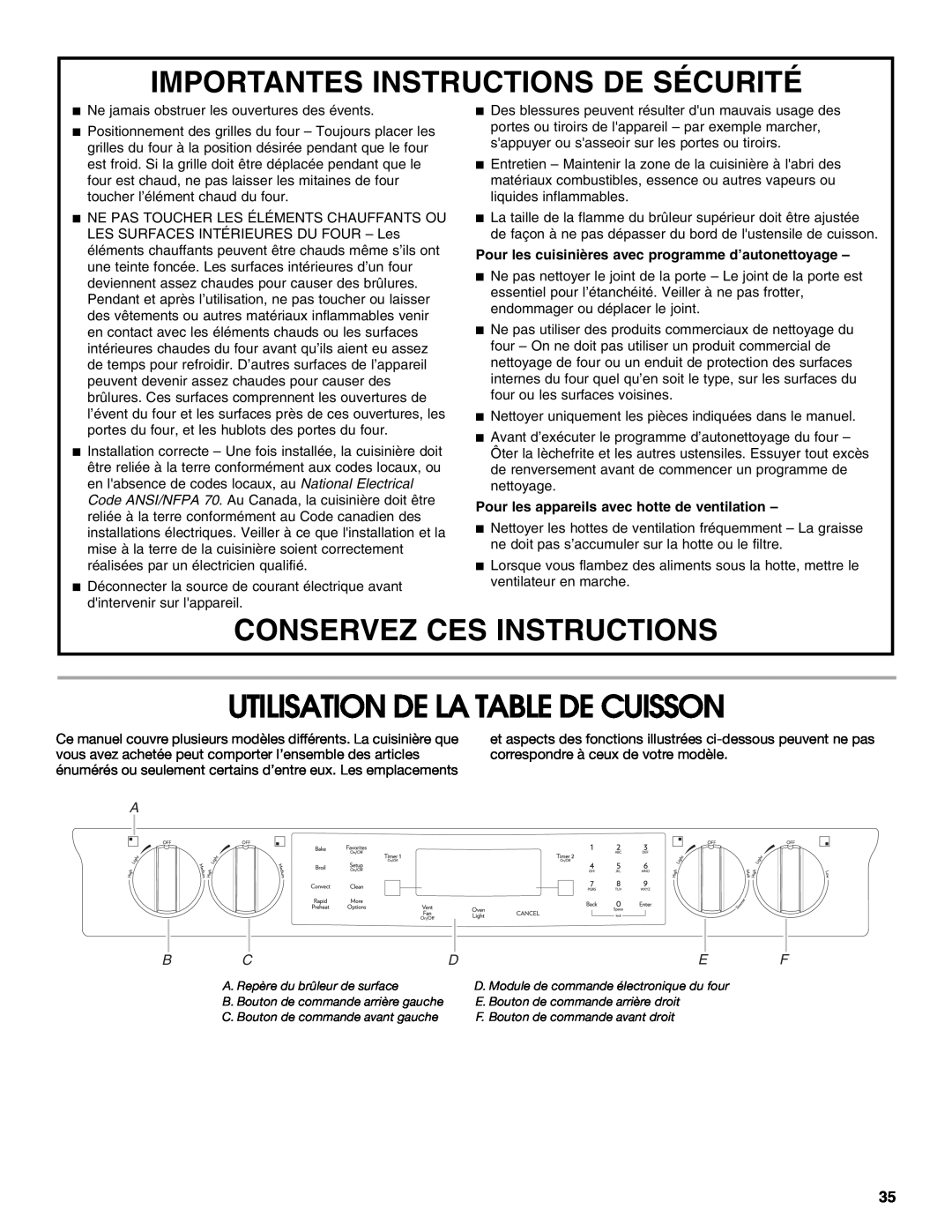 Jenn-Air JD59860 Utilisation De La Table De Cuisson, Importantes Instructions De Sécurité, Conservez Ces Instructions 