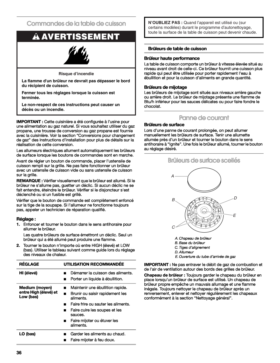 Jenn-Air JD59860 Commandes de la table de cuisson, Panne de courant, Brûleurs de surface scellés, Avertissement, Réglage 