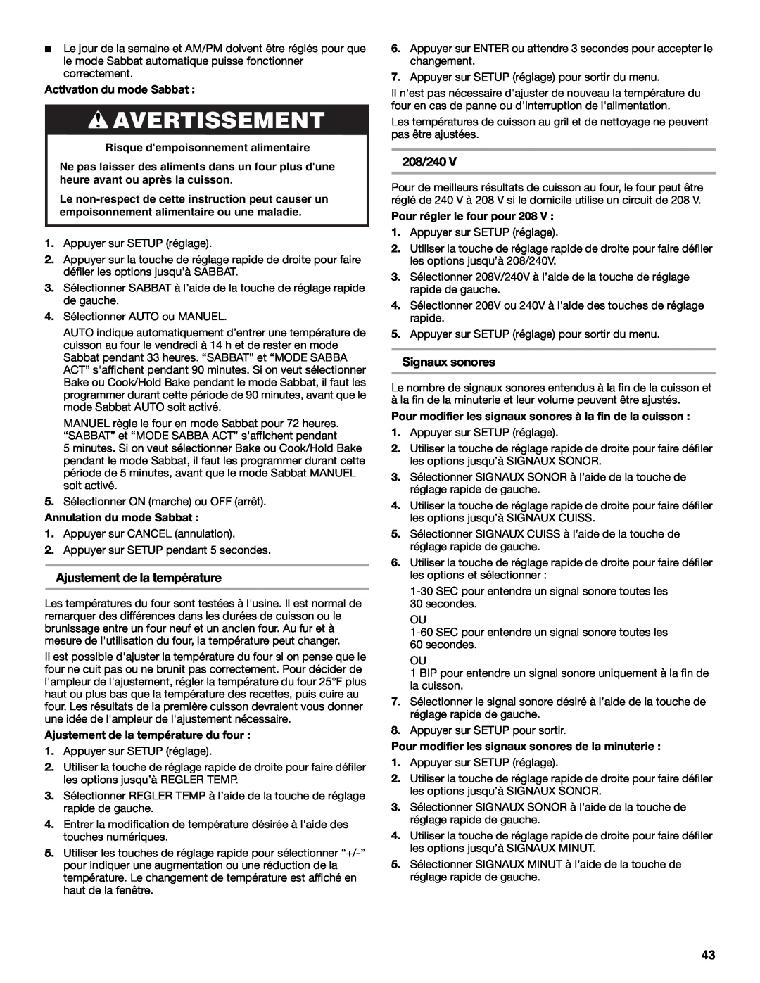 Jenn-Air JD59860 manual Avertissement, Ajustement de la température, 208/240, Signaux sonores, Activation du mode Sabbat 