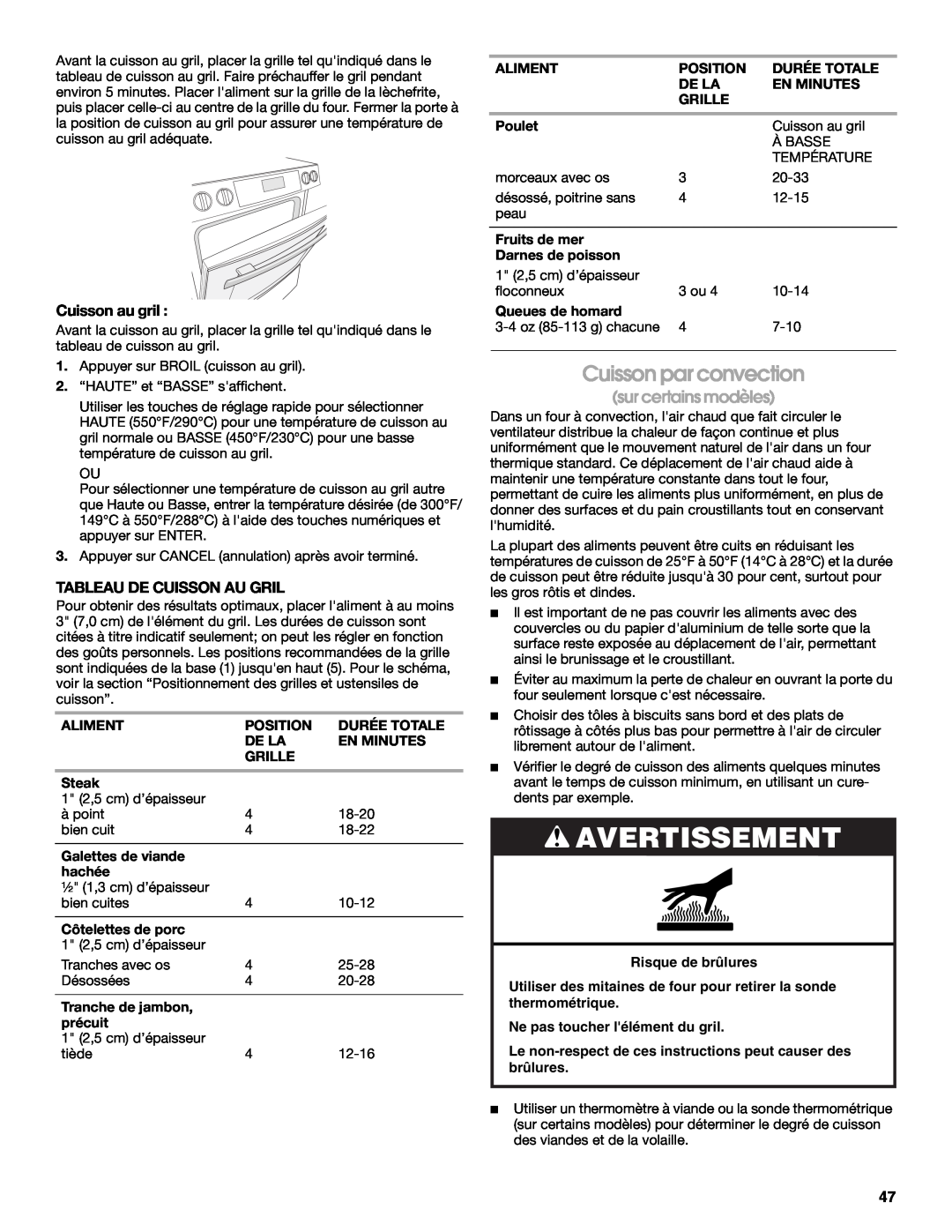 Jenn-Air JD59860 Cuisson par convection, Avertissement, sur certains modèles, Cuisson au gril, Tableau De Cuisson Au Gril 