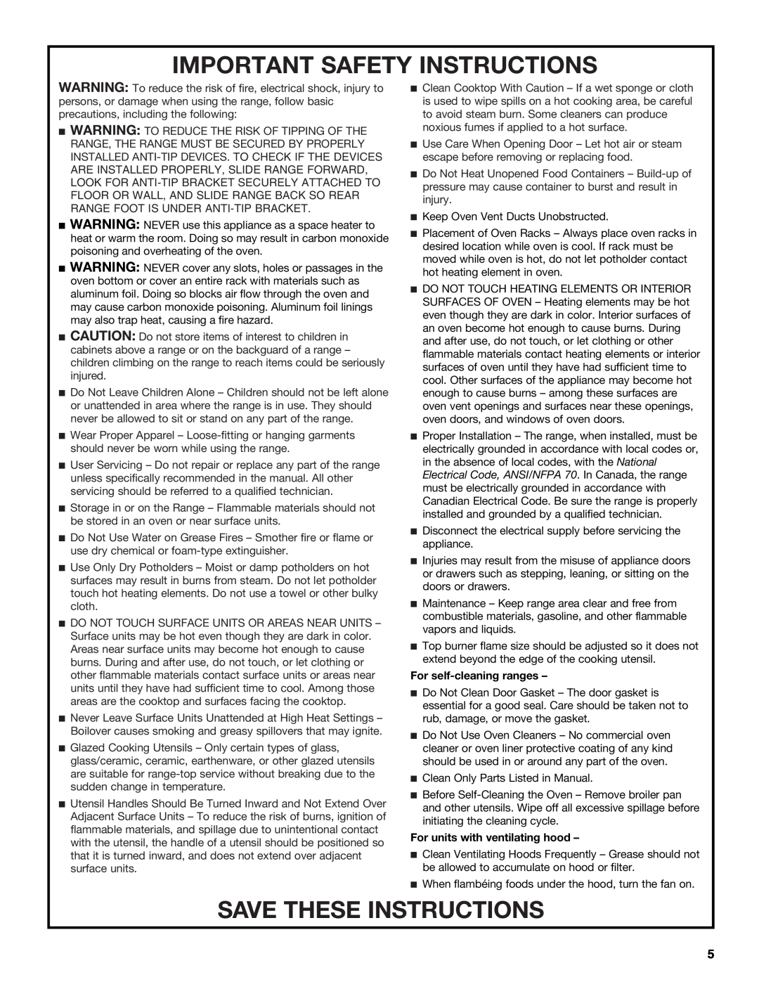 Jenn-Air JD59860 manual Important Safety Instructions, Save These Instructions, For self-cleaning ranges 