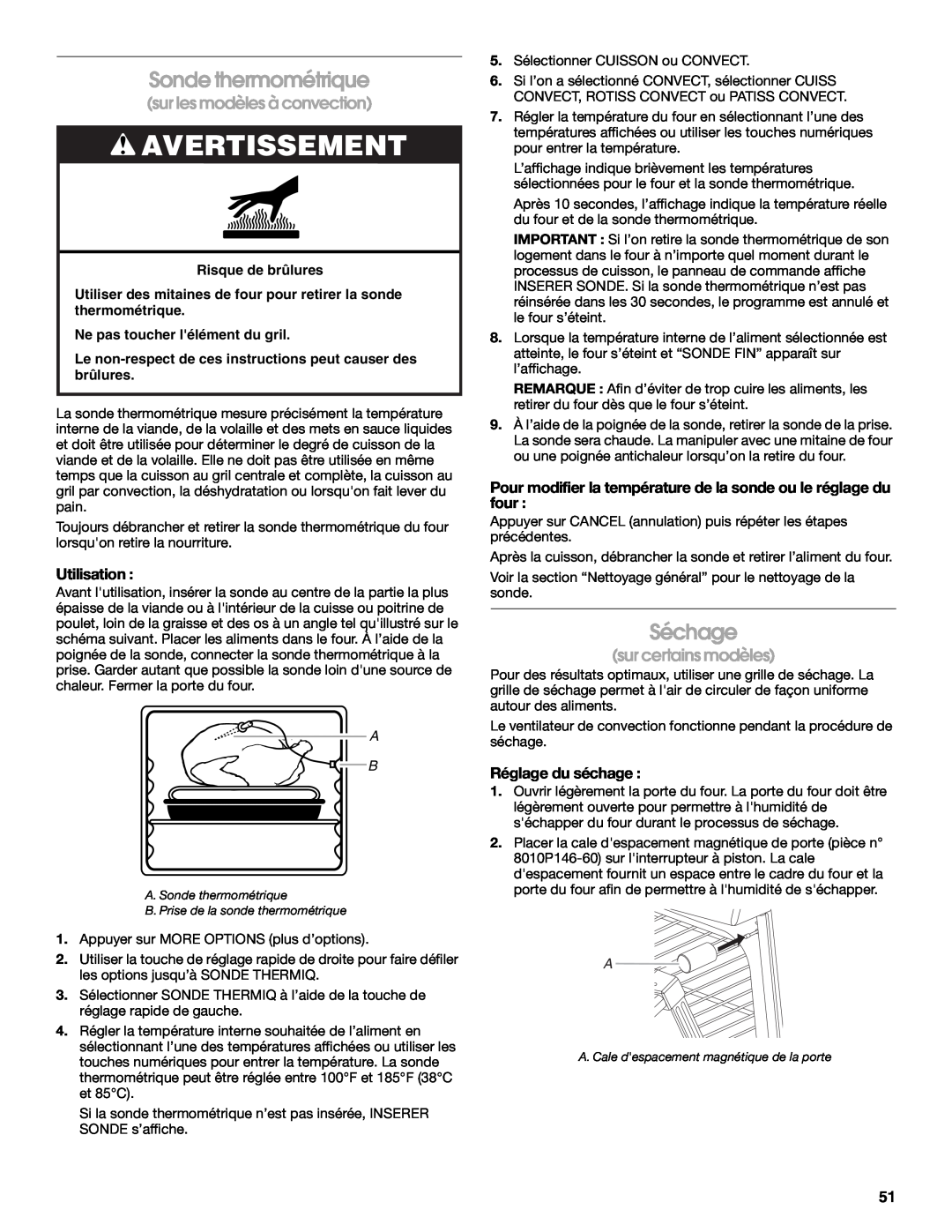 Jenn-Air JD59860 manual Sonde thermométrique, Séchage, Avertissement, sur les modèles à convection, sur certains modèles 