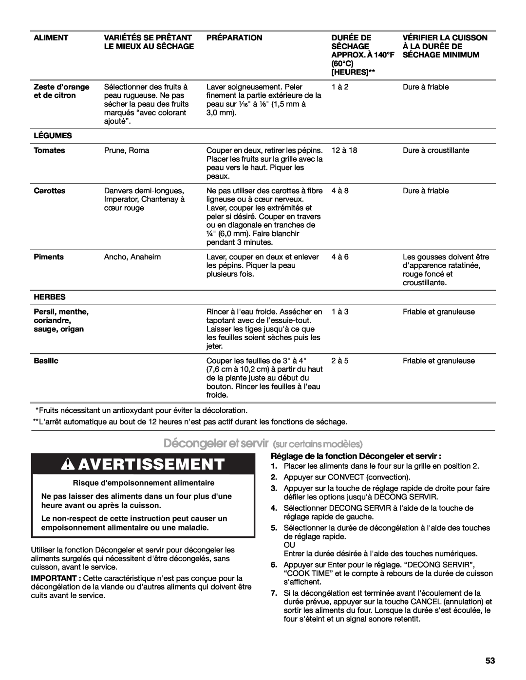 Jenn-Air JD59860 Avertissement, Décongeler et servir sur certains modèles, Réglage de la fonction Décongeler et servir 