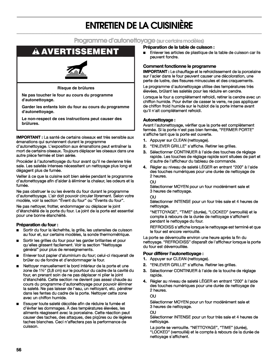 Jenn-Air JD59860 Entretien De La Cuisinière, Programme d’autonettoyage sur certains modèles, Avertissement, Autonettoyage 