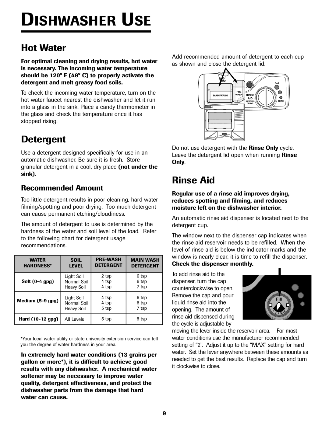 Jenn-Air JDB-5 warranty Dishwasher USE, Hot Water, Detergent, Rinse Aid, Recommended Amount 