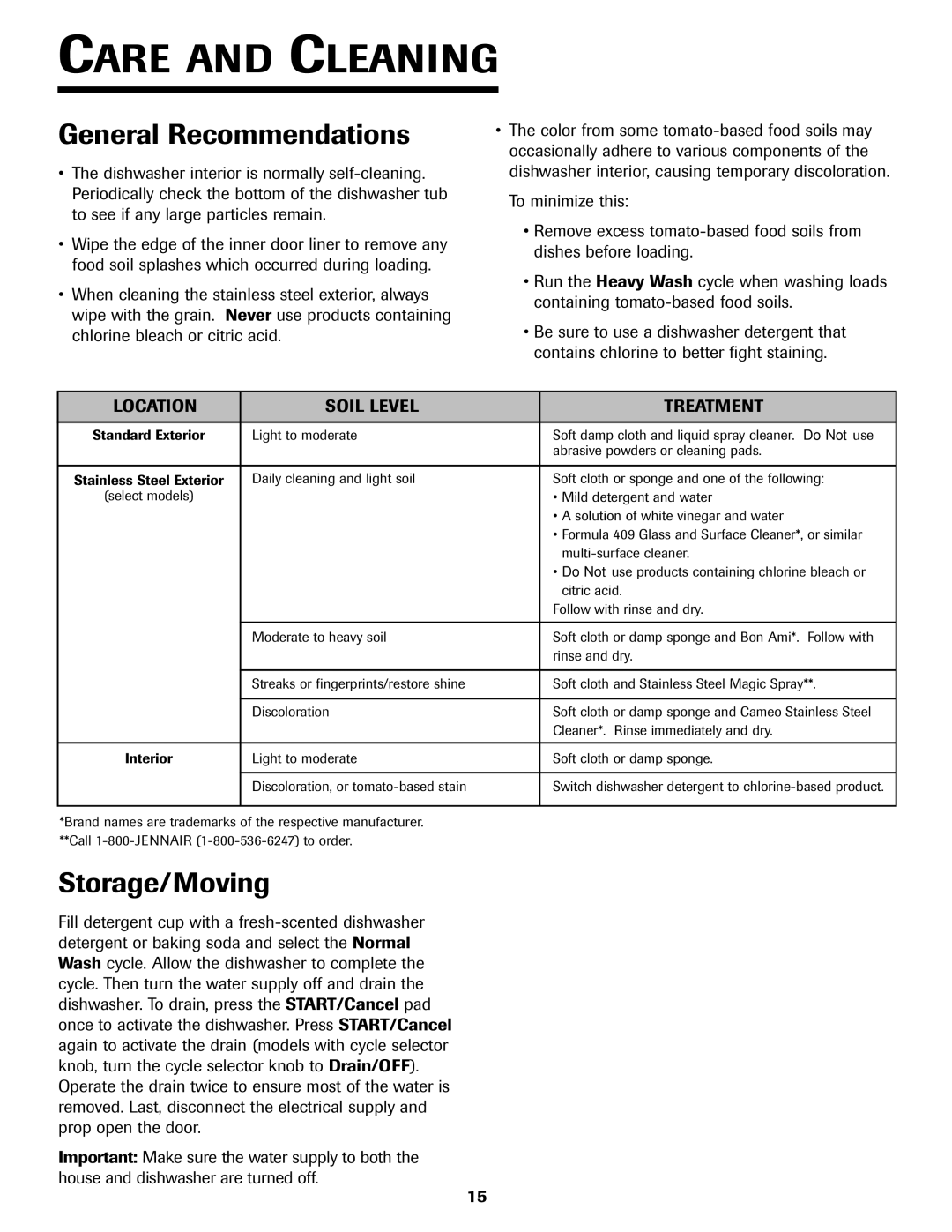 Jenn-Air JDB-5 warranty Care and Cleaning, Storage/Moving, Location Soil Level Treatment 