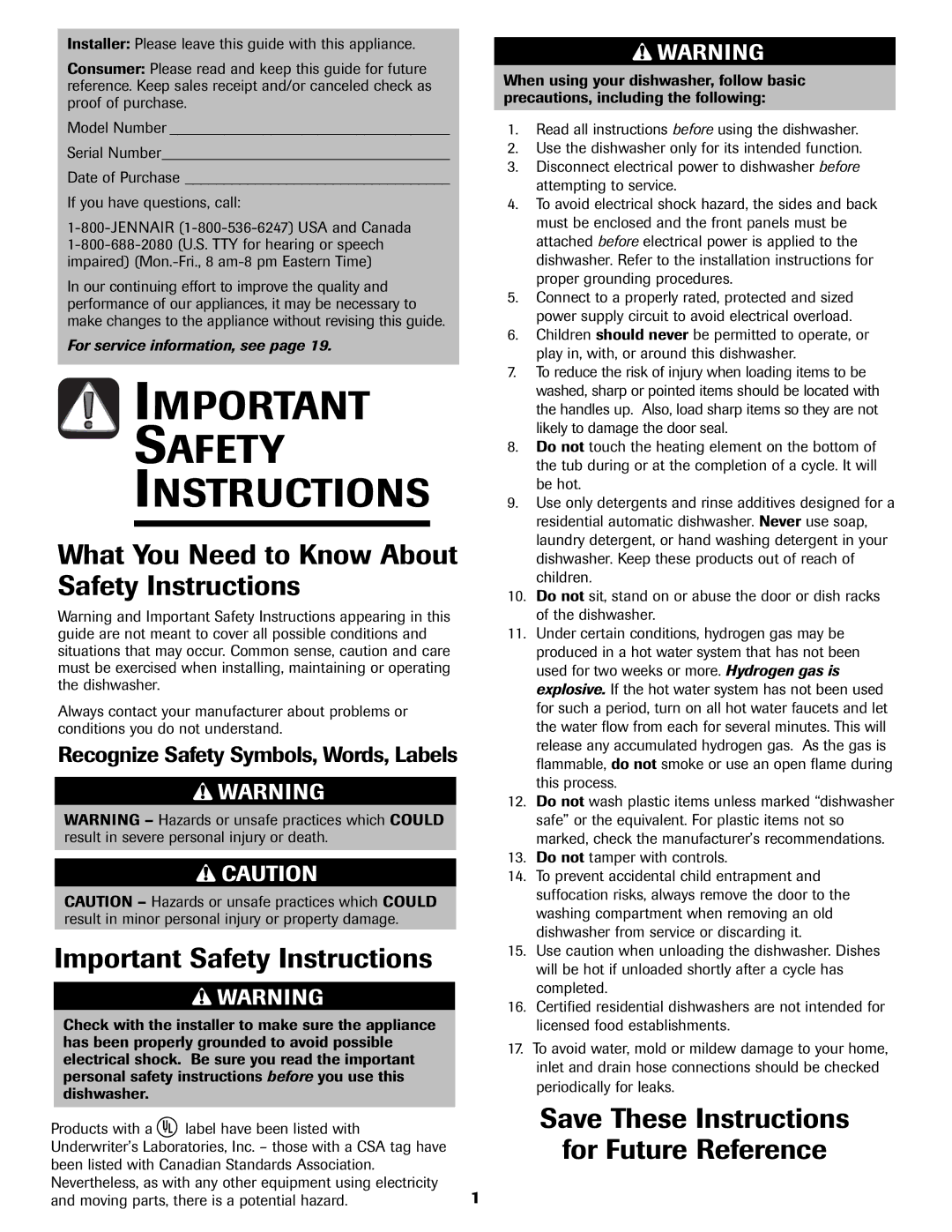 Jenn-Air JDB-5 What You Need to Know About Safety Instructions, Important Safety Instructions, For Future Reference 