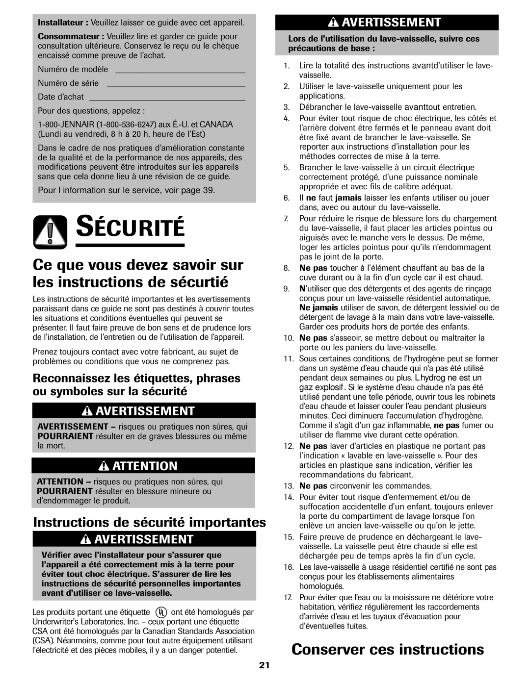 Jenn-Air JDB-5 warranty Sécurité, Ce que vous devez savoir sur les instructions de sécurtié, Conserver ces instructions 