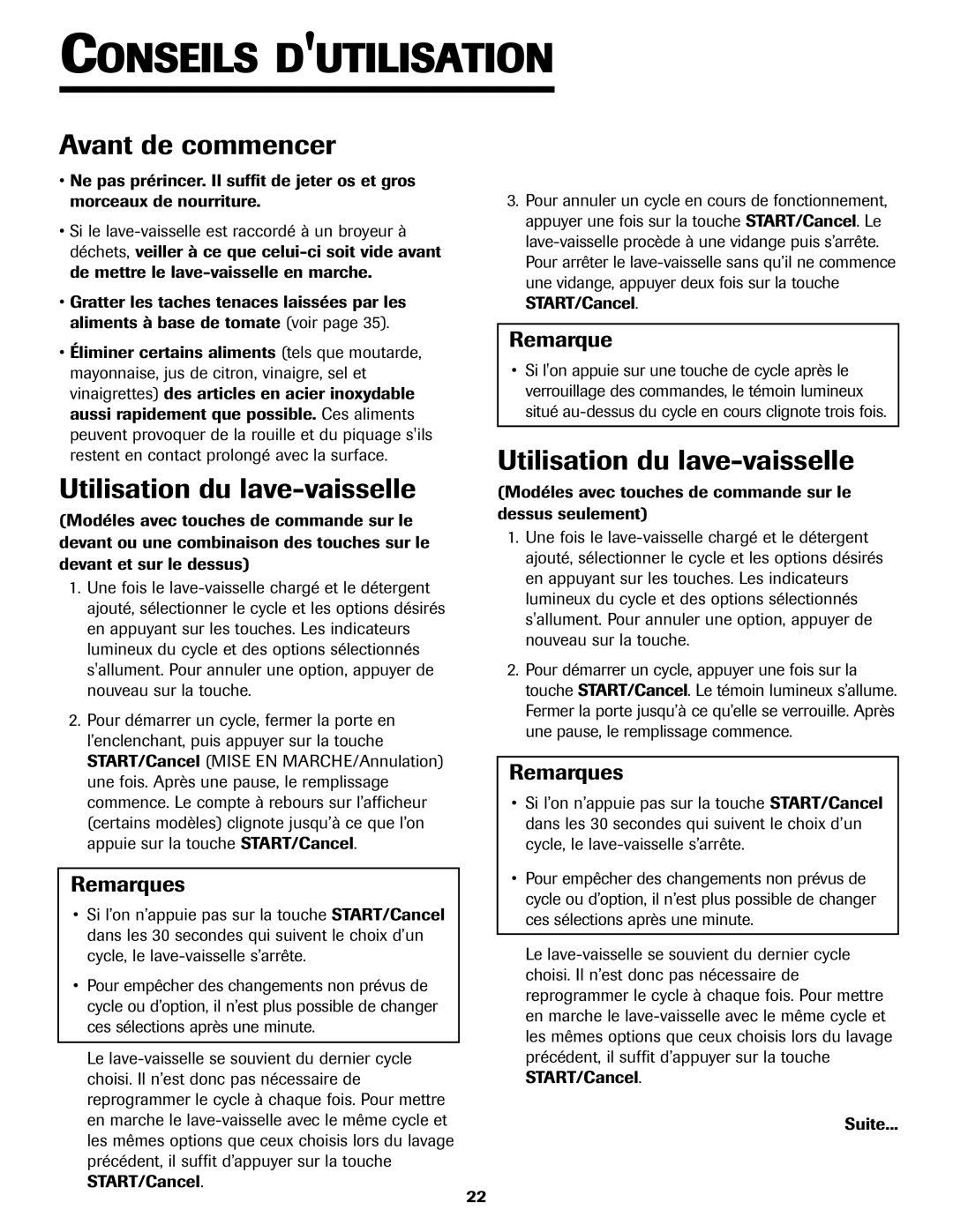 Jenn-Air JDB-5 warranty Conseils Dutilisation, Avant de commencer, Utilisation du lave-vaisselle, Remarques 