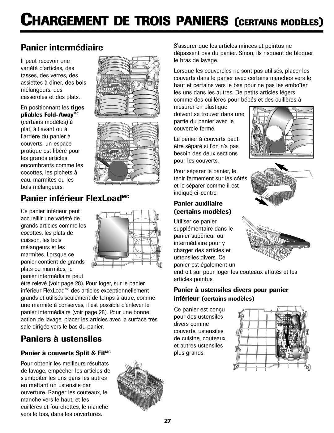 Jenn-Air JDB-5 Panier intermédiaire, Panier inférieur FlexLoadMC, Paniers à ustensiles, Panier à couverts Split & FitMC 