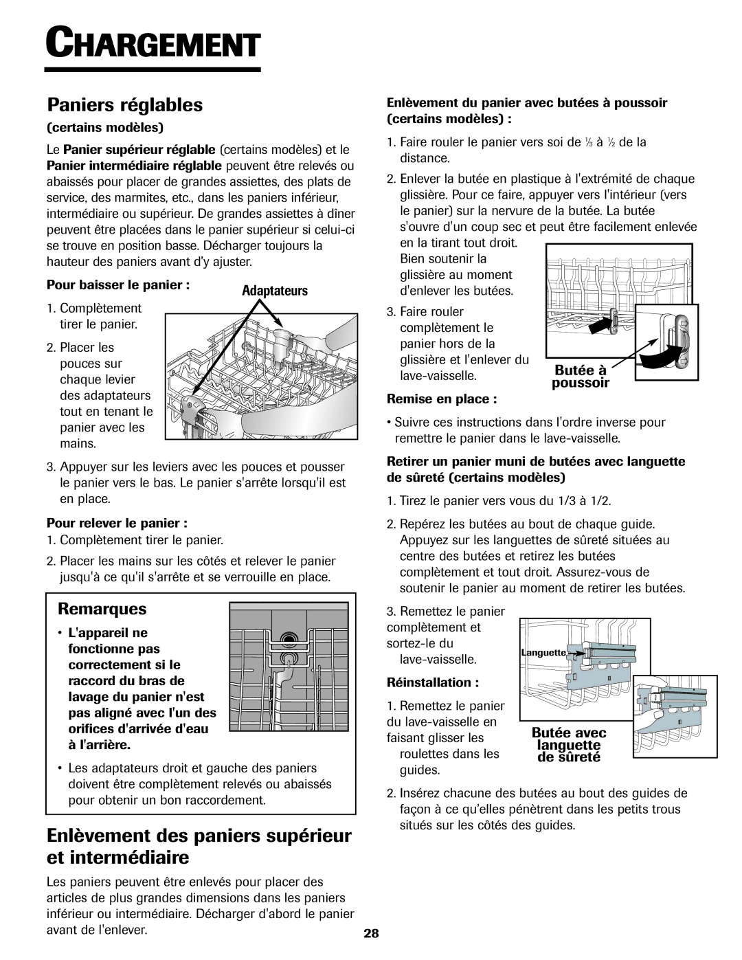 Jenn-Air JDB-5 warranty Paniers réglables, Enlèvement des paniers supérieur et intermédiaire 