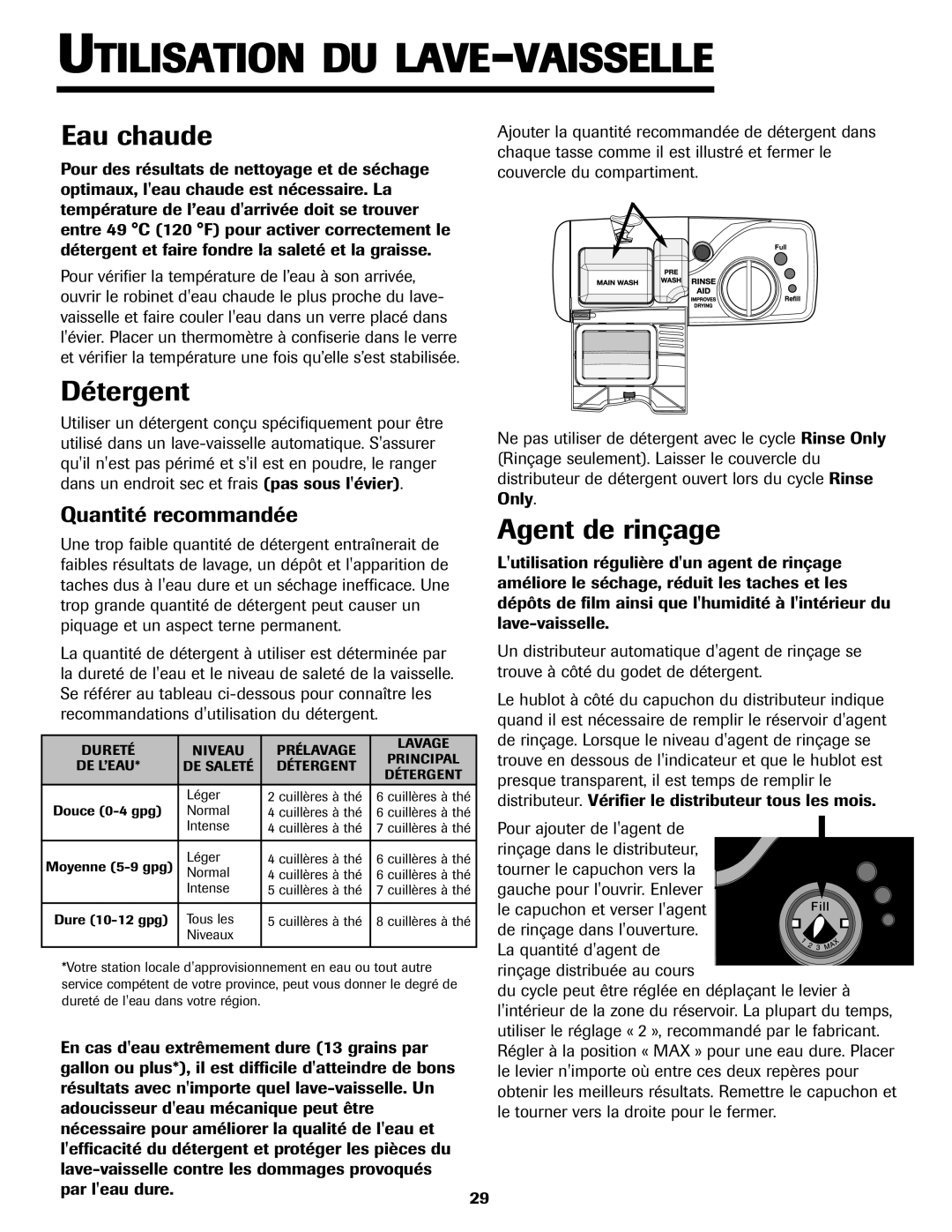 Jenn-Air JDB-5 warranty Utilisation DU LAVE-VAISSELLE, Eau chaude, Détergent, Agent de rinçage, Quantité recommandée 