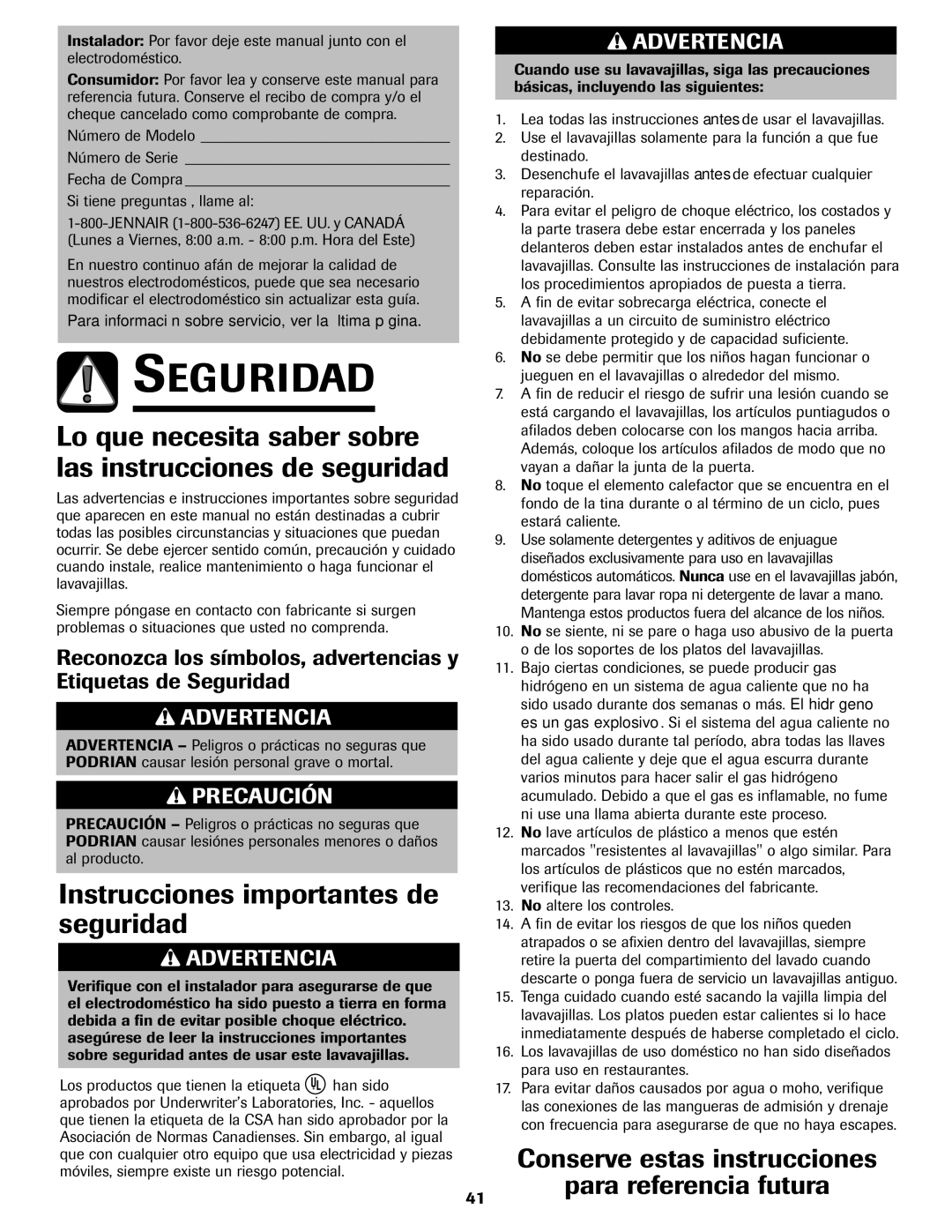 Jenn-Air JDB-5 warranty Seguridad, Lo que necesita saber sobre las instrucciones de seguridad 