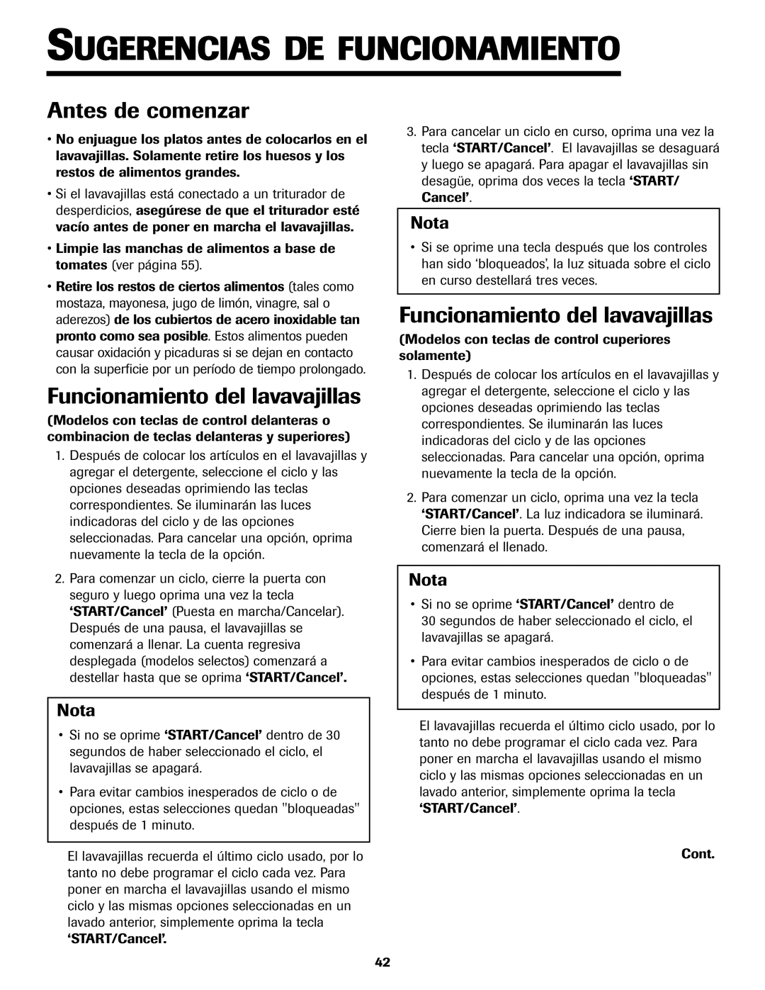 Jenn-Air JDB-5 warranty Sugerencias DE Funcionamiento, Antes de comenzar, Funcionamiento del lavavajillas, Nota 