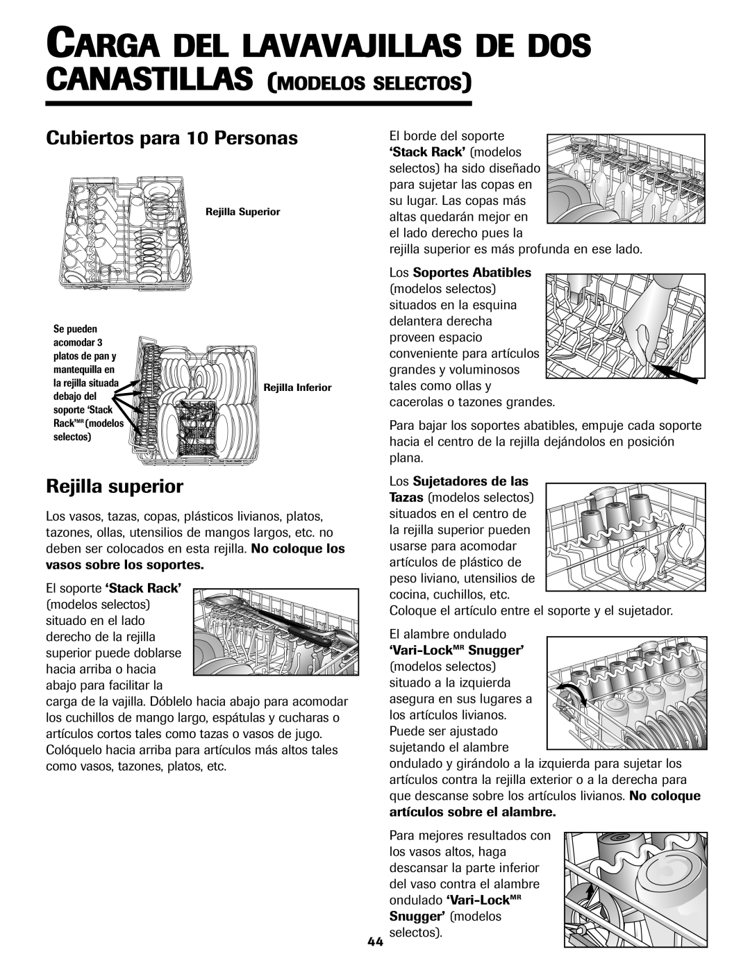 Jenn-Air JDB-5 warranty Carga DEL Lavavajillas DE DOS, Cubiertos para 10 Personas, Rejilla superior, Los Sujetadores de las 