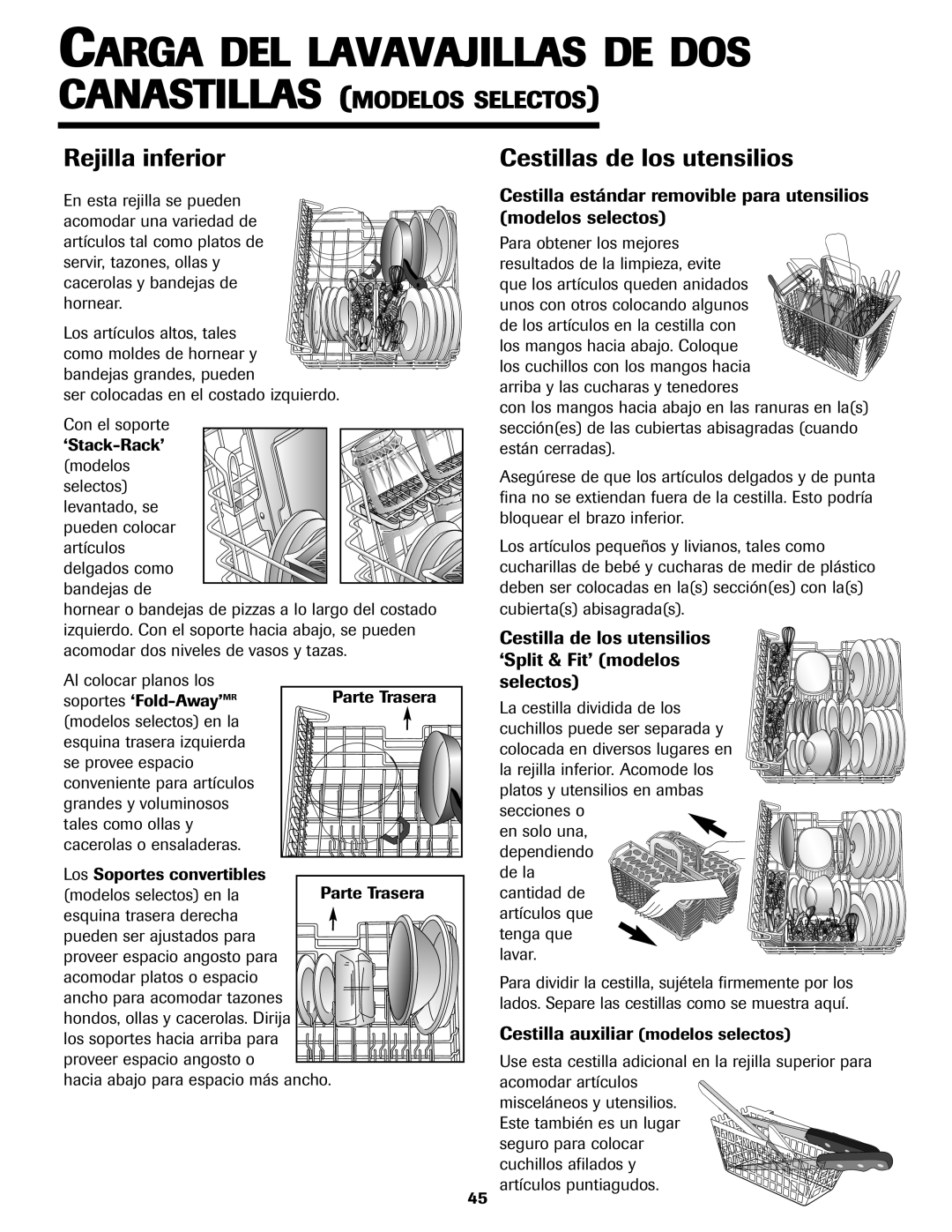 Jenn-Air JDB-5 Rejilla inferior, Cestillas de los utensilios, Cestilla de los utensilios ‘Split & Fit’ modelos selectos 