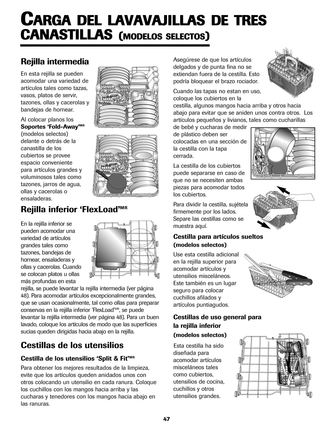 Jenn-Air JDB-5 warranty Rejilla intermedia, Rejilla inferior ‘FlexLoad’MR, Cestilla de los utensilios ‘Split & Fit’MR 