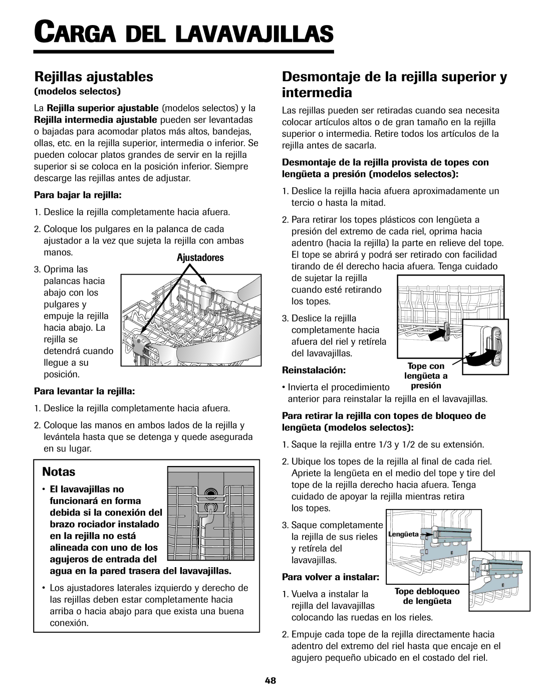 Jenn-Air JDB-5 warranty Rejillas ajustables, Desmontaje de la rejilla superior y intermedia, Manos.Ajustadores 