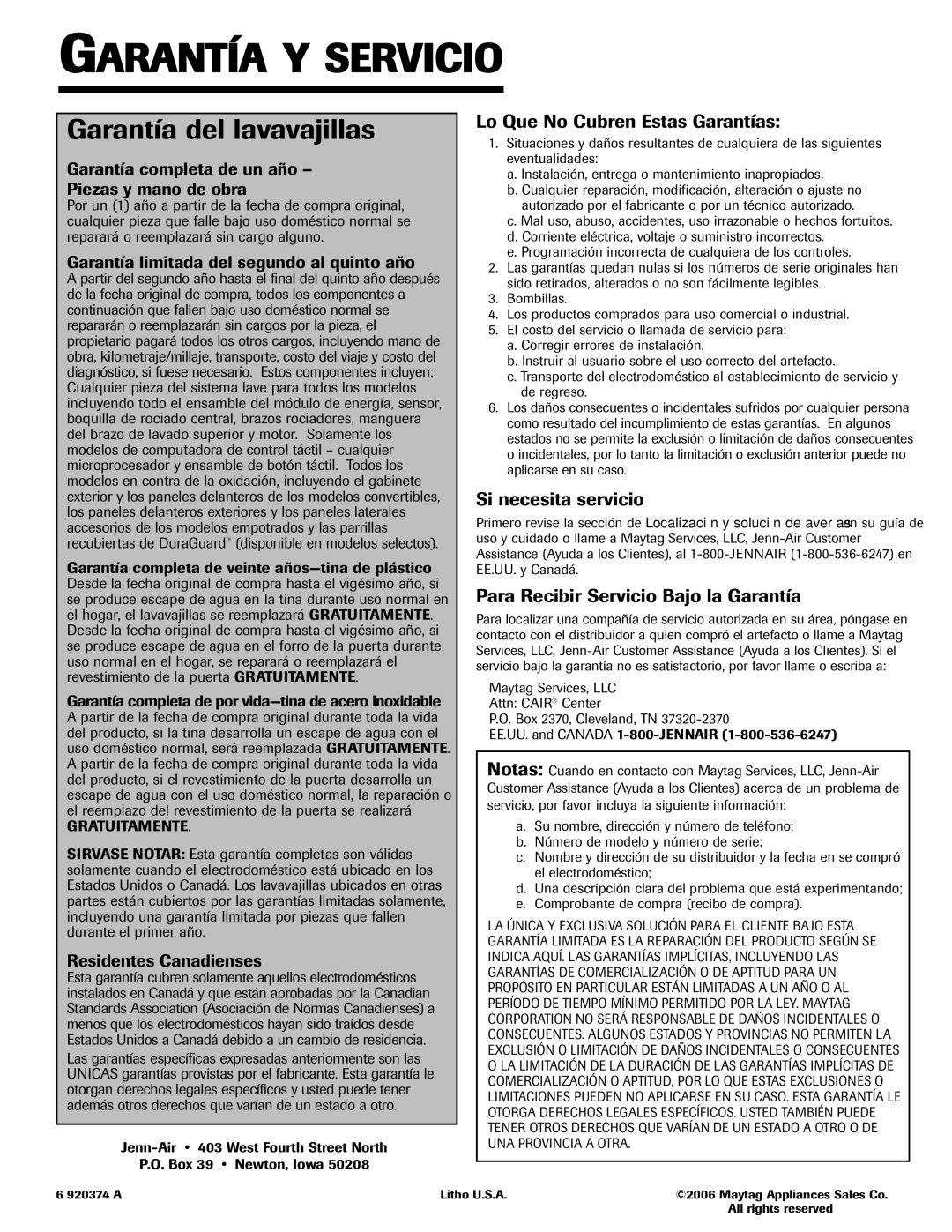 Jenn-Air JDB-5 Garantía Y Servicio, Garantía del lavavajillas, Lo Que No Cubren Estas Garantías, Si necesita servicio 