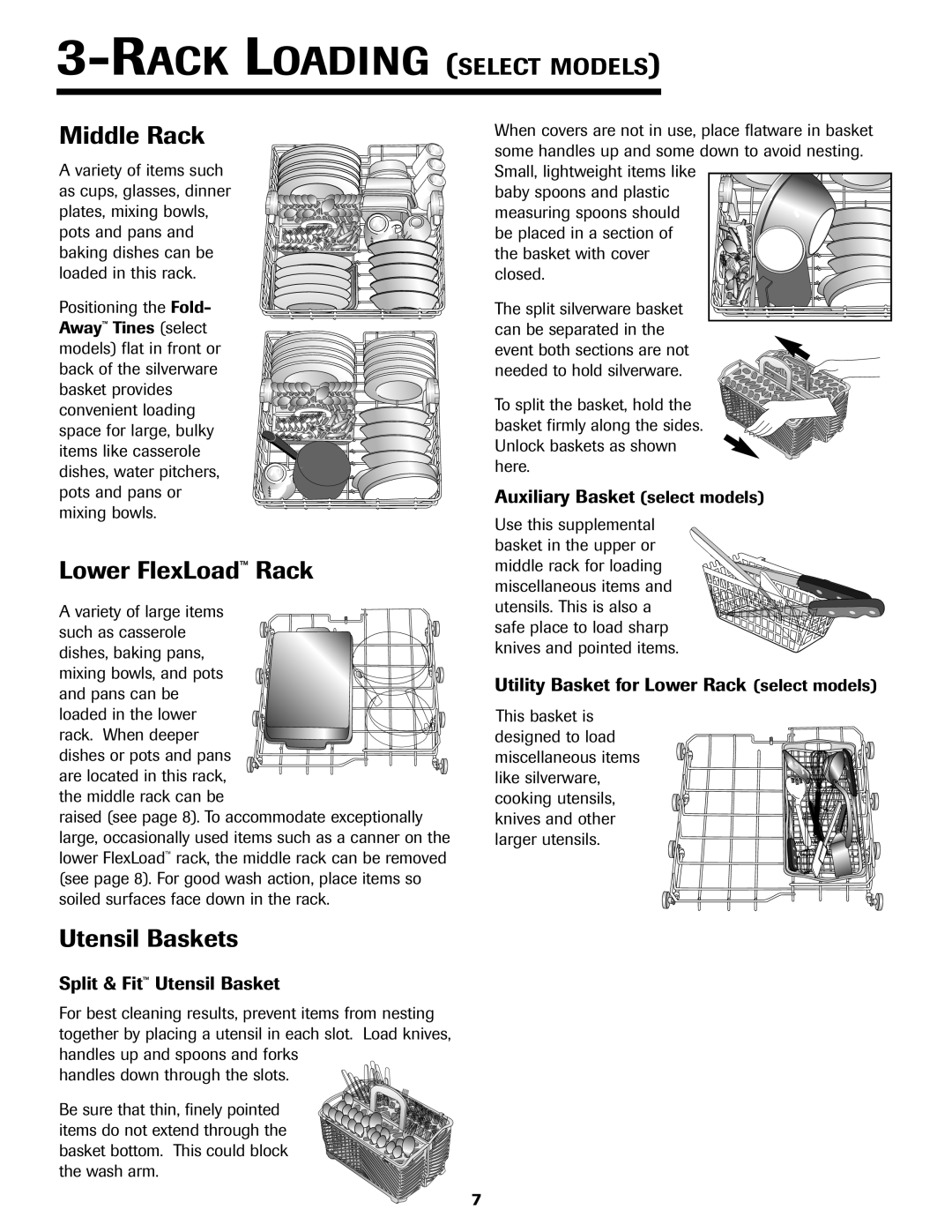 Jenn-Air JDB-5 warranty Middle Rack, Lower FlexLoad Rack, Auxiliary Basket select models, Split & Fit Utensil Basket 