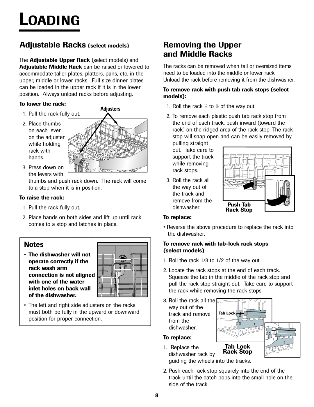 Jenn-Air JDB-5 warranty Adjustable Racks select models, Removing the Upper Middle Racks, Tab Lock, Rack Stop 