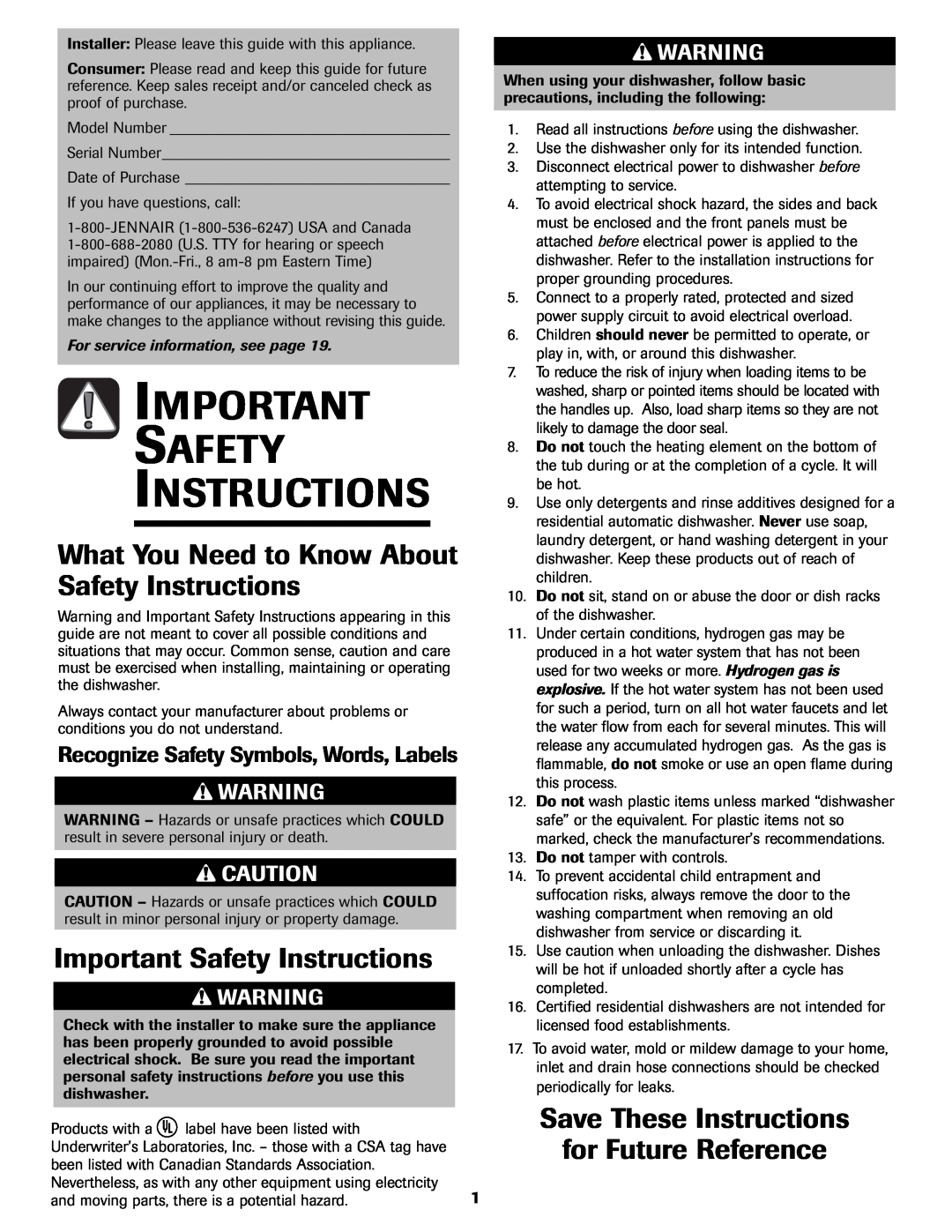 Jenn-Air JDB-5 warranty What You Need to Know About Safety Instructions, Important Safety Instructions 