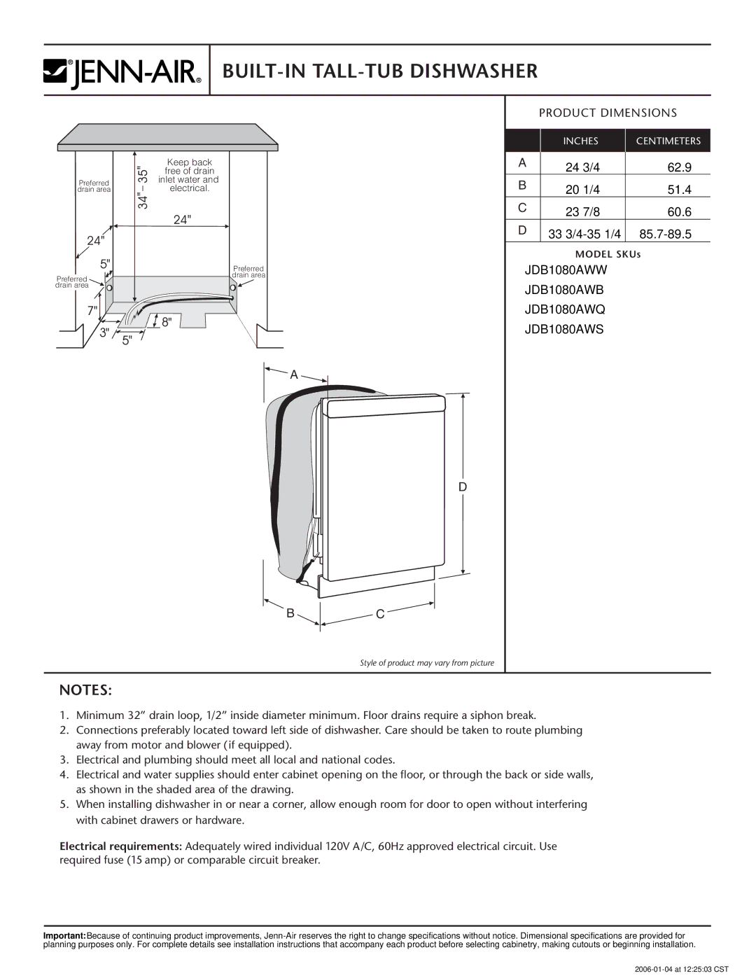 Jenn-Air JDB1080AWW, JDB1080AWS, JDB1080AWB, JDB1080AWQ dimensions BUILT-IN TALL-TUB Dishwasher, Product Dimensions 