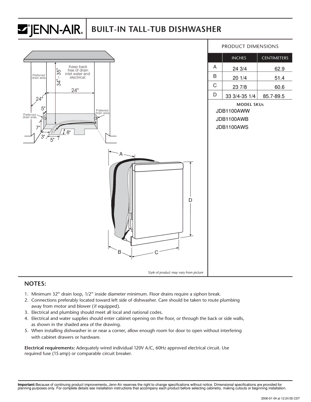 Jenn-Air dimensions BUILT-IN TALL-TUB Dishwasher, Product Dimensions, JDB1100AWW JDB1100AWB JDB1100AWS 