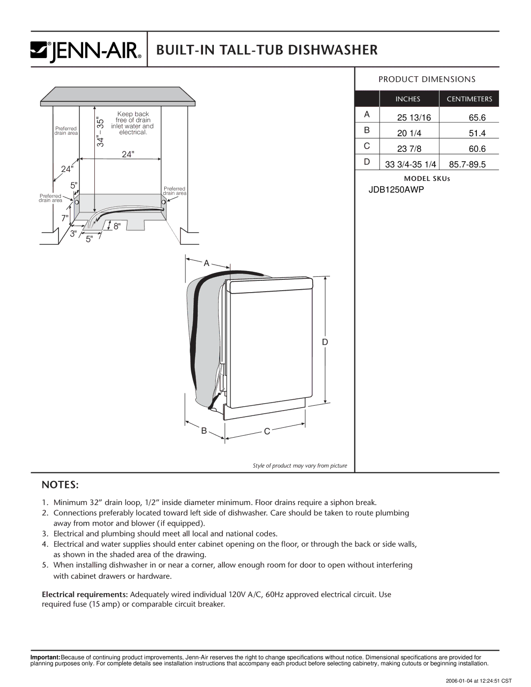 Jenn-Air JDB1250AWP dimensions BUILT-IN TALL-TUB Dishwasher, Product Dimensions 