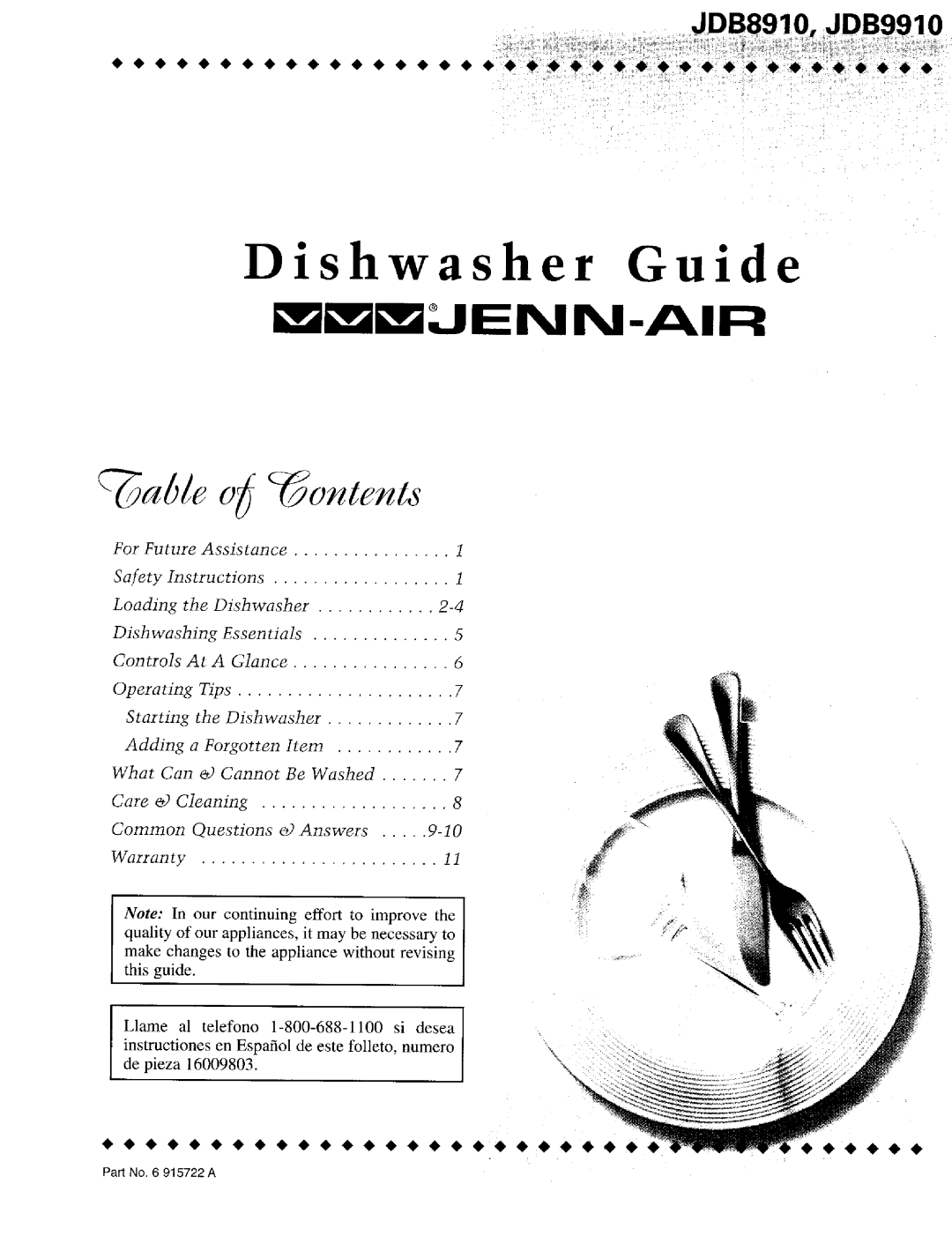 Jenn-Air JDB9910, JDB8910 warranty Dishwasher Guide 