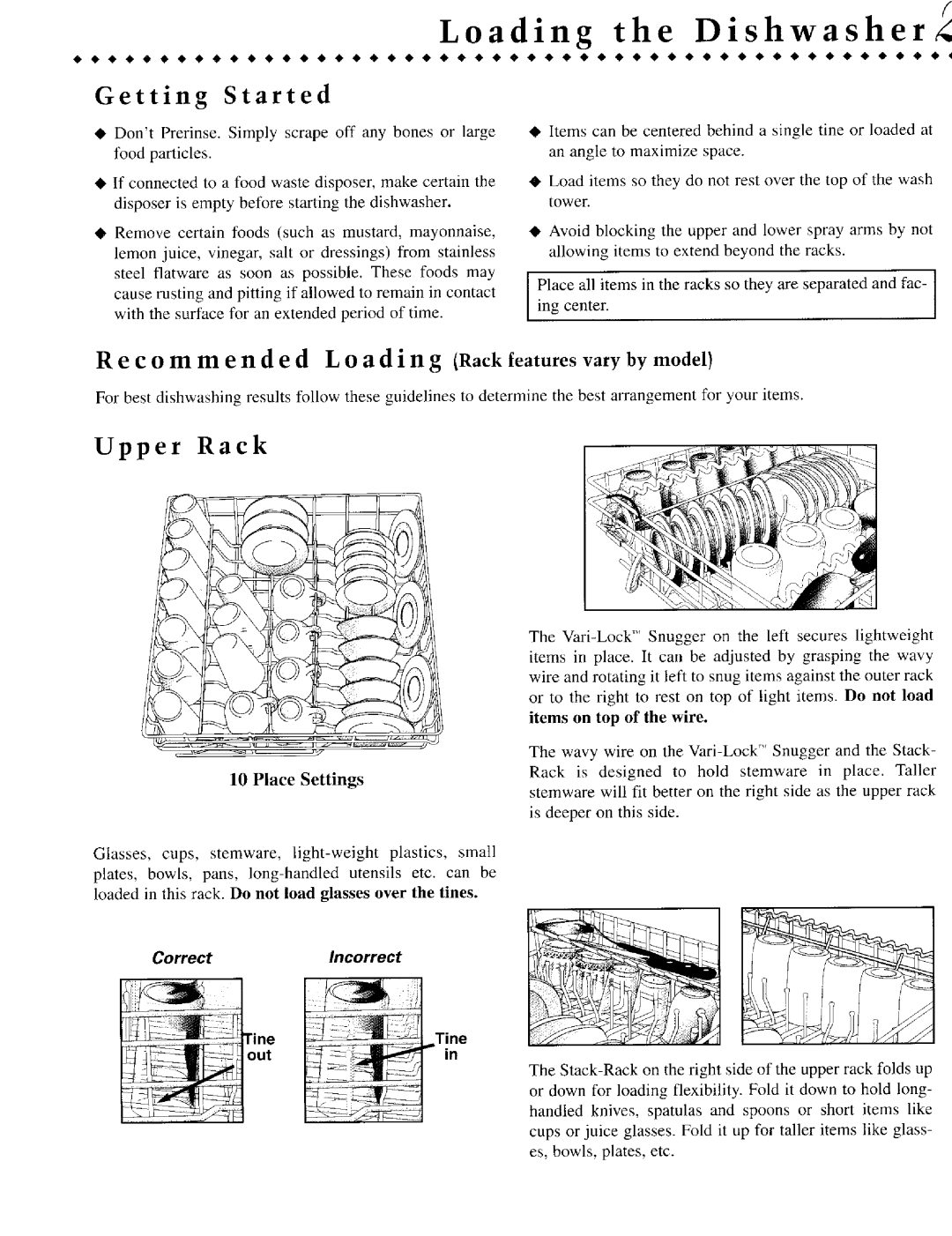 Jenn-Air JDB9910 Loading the Dishwasher, Getting Started, C o rn m e n d e d L o a d i n g Rack featuresvaryby model, Tine 