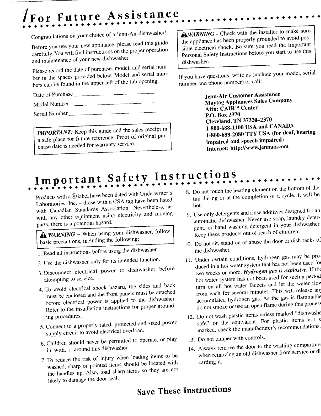 Jenn-Air JDB8910, JDB9910 For Future Assistance, Important Safety Instructions, Save These Instructions, Serial Number 